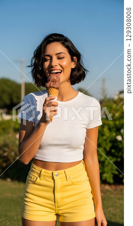 在公園吃冰淇淋的女人 129308008