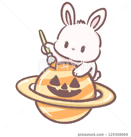 Cute white bunny painting jack o lantern face on orange Saturn planet kawaii space rabbit illustration Halloween cartoon galaxy theme sci fi fantasy adorable cosmic character digital art Cute white bunny painting jack o lantern face on orange Saturn planet kawaii space rabbit illustration Halloween cartoon galaxy theme sci fi fantasy adorable cosmic character digital art 129308069