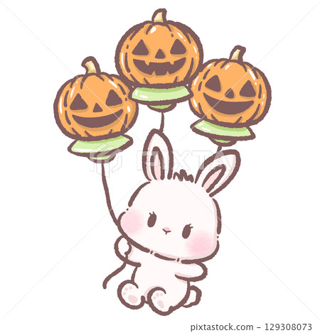 Cute white bunny floating with jack o lantern UFO balloons kawaii Halloween space rabbit illustration cartoon galaxy fantasy character adorable spooky sci fi trick or treat digital art design 129308073