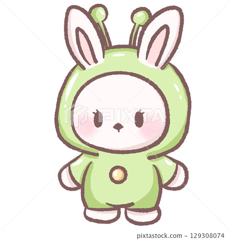 Cute white bunny wearing green alien costume with antenna kawaii space rabbit illustration pastel character cartoon outer space fantasy Halloween dress up adorable digital art for kids theme 129308074