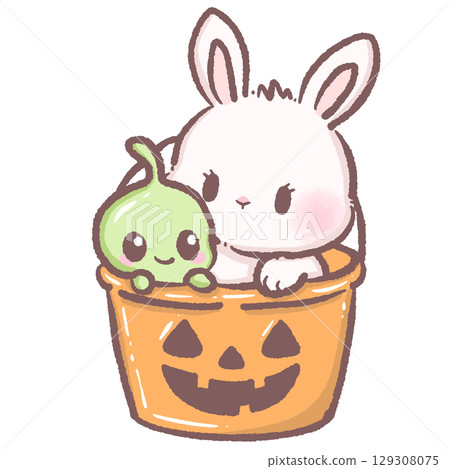 Cute white bunny and green alien blob sitting in jack o lantern candy bucket kawaii Halloween space rabbit illustration cartoon fantasy character trick or treat sci fi galaxy theme digital art 129308075