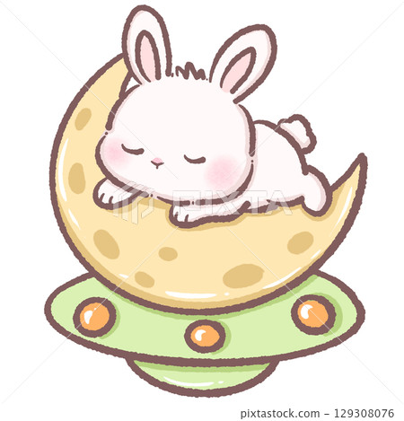 Cute white bunny sleeping on crescent moon sitting on green UFO kawaii alien space rabbit illustration dreamy pastel galaxy fantasy character celestial cartoon aesthetic digital art 129308076