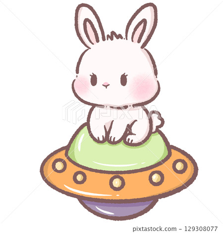 Cute white bunny riding colorful UFO spaceship kawaii space rabbit illustration galaxy fantasy cartoon sci fi extraterrestrial character flying alien theme pastel Halloween digital art design 129308077