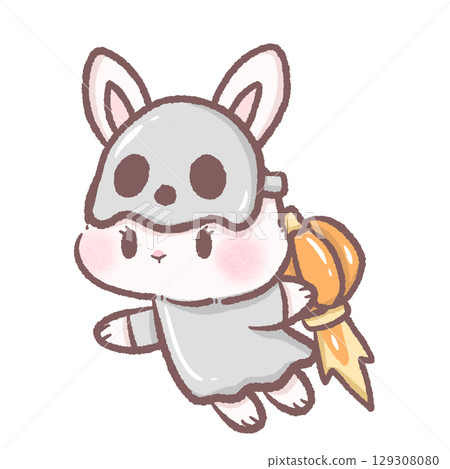 Cute white bunny flying with pumpkin jetpack wearing skull mask and ghost costume kawaii Halloween space rabbit illustration cartoon galaxy fantasy character adorable spooky sci fi digital art Cute white bunny flying with pumpkin jetpack wearing skull mask and ghost costume kawaii Halloween space rabbit illustration cartoon galaxy fantasy character adorable spooky sci fi digital art 129308080