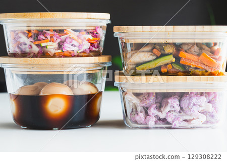 Prepared home-cooked meals in glass storage containers 129308222