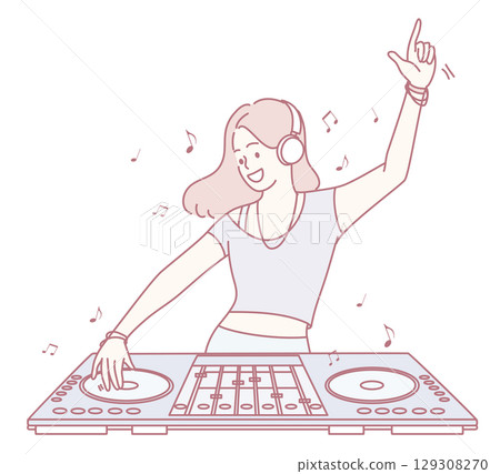 An Energetic DJ is mixing uplifting music that energizes the crowd and atmosphere 129308270
