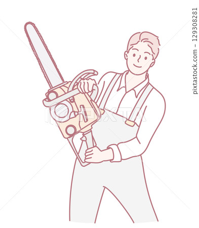 A Man Holding a Chainsaw in a Modern Line Art Style, showcasing various artistic elements and themes 129308281