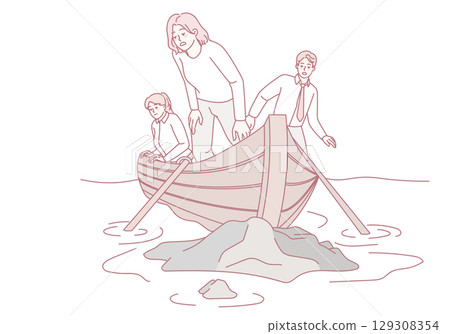 Three people in a boat navigate shallow waters during their scenic river journey 129308354