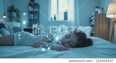 AI Guardian Angel A Digital Spirit Watching Over a Sleeping Child A translucent, shimmering AI entity, shaped like a celestial 129308387