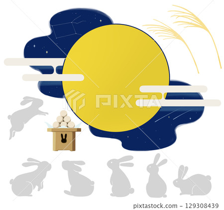 A circular illustration of a rabbit watching the moon 129308439
