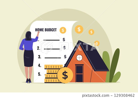 Woman Managing Home Budget with Financial List Illustration 129308462