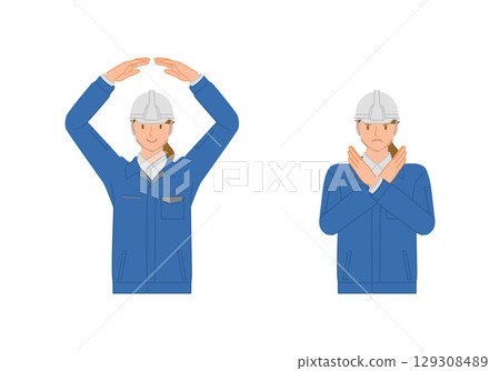 Set of young women in work clothes and helmets: making a circle with their hands, making an X with their hands Set of young women in work clothes and helmets: making a circle with their hands, making an X with their hands 129308489