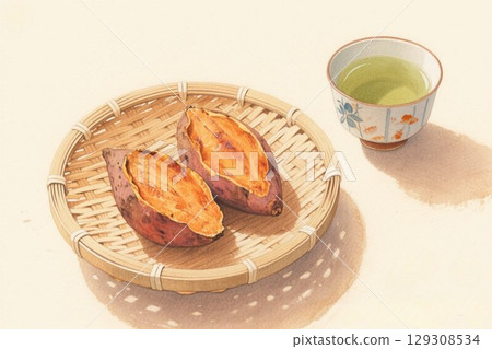 插畫素材:漏勺上的烤地瓜和茶 插畫素材:漏勺上的烤地瓜和茶 129308534
