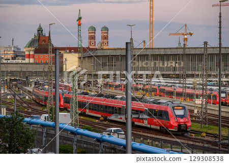 Trains at Munchen Hauptbahnhof Central Railway Station, main railway station in the city of Munich, Germany Trains at Munchen Hauptbahnhof Central Railway Station, main railway station in the city of Munich, Germany 129308538