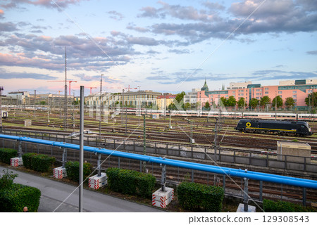Trains at Munchen Hauptbahnhof Central Railway Station, main railway station in the city of Munich, Germany Trains at Munchen Hauptbahnhof Central Railway Station, main railway station in the city of Munich, Germany 129308543