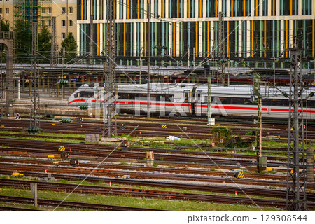 Trains at Munchen Hauptbahnhof Central Railway Station, main railway station in the city of Munich, Germany Trains at Munchen Hauptbahnhof Central Railway Station, main railway station in the city of Munich, Germany 129308544