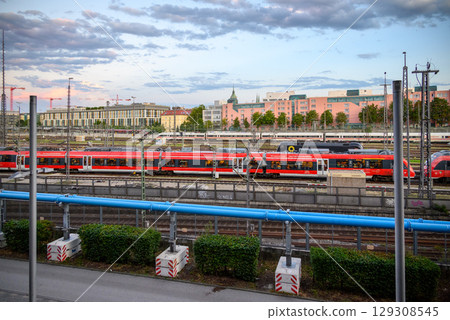 Trains at Munchen Hauptbahnhof Central Railway Station, main railway station in the city of Munich, Germany Trains at Munchen Hauptbahnhof Central Railway Station, main railway station in the city of Munich, Germany 129308545