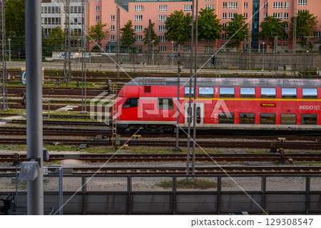 Trains at Munchen Hauptbahnhof Central Railway Station, main railway station in the city of Munich, Germany Trains at Munchen Hauptbahnhof Central Railway Station, main railway station in the city of Munich, Germany 129308547