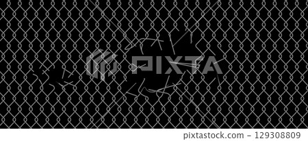 Chain link fence mesh pattern with torn metal 129308809