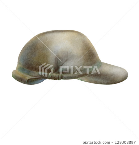 Vintage Portuguese military hat. Authentic 1970s soldiers cap in military design. For war history projects, vintage collections, or patriotic artwork. Hand drawn watercolor illustration isolated on Vintage Portuguese military hat. Authentic 1970s soldiers cap in military design. For war history projects, vintage collections, or patriotic artwork. Hand drawn watercolor illustration isolated on 129308897