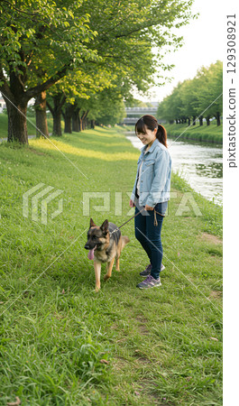Woman walking a dog in the park 129308921
