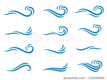Blue set water waves, swirl and splash, design elements 129308999