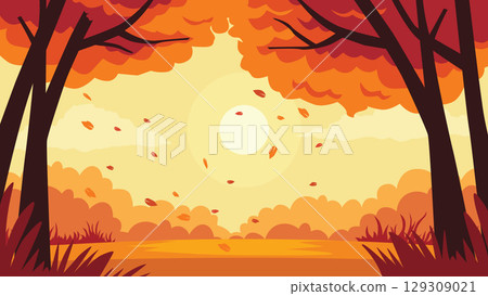 Warm Autumn Light in Forest with Fallen Leaves Warm Autumn Light in Forest with Fallen Leaves 129309021