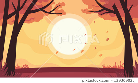 Golden Autumn Forest with Fallen Leaves Golden Autumn Forest with Fallen Leaves 129309023