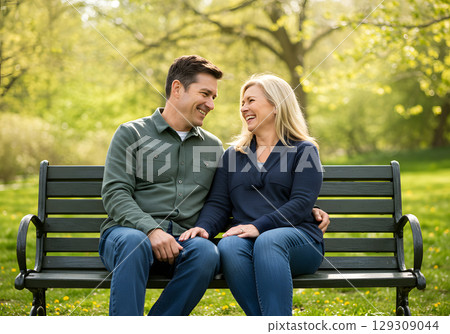A couple sitting on a park bench 129309044