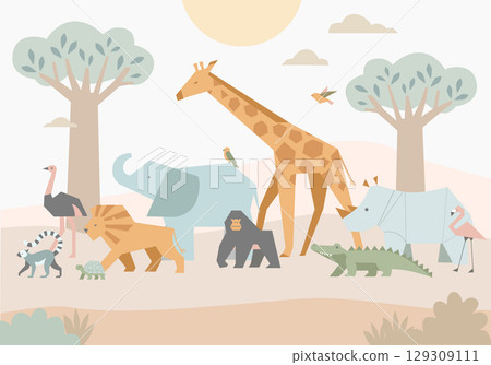Vector illustration of cute African animals in a flat cartoon style. Includes giraffe, elephant, lion, rhino, crocodile, ostrich, gorilla, lemur, flamingo, turtle, and birds in a tropical savanna Vector illustration of cute African animals in a flat cartoon style. Includes giraffe, elephant, lion, rhino, crocodile, ostrich, gorilla, lemur, flamingo, turtle, and birds in a tropical savanna 129309111