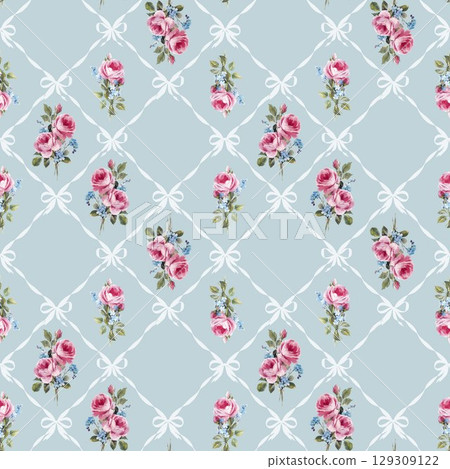 Shabby chic rose pattern with ribbons and gingham seamless vintage floral design with pink roses, blue bows, and pastel diamonds. Ideal for textiles, wrapping, and romantic interiors. Shabby chic rose pattern with ribbons and gingham seamless vintage floral design with pink roses, blue bows, and pastel diamonds. Ideal for textiles, wrapping, and romantic interiors. 129309122