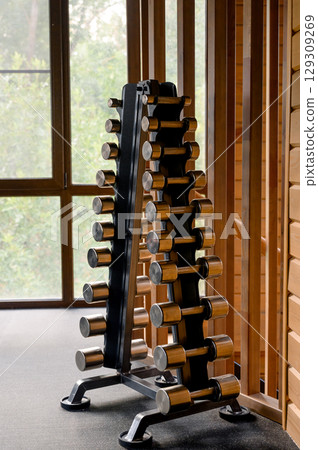 Vertical dumbbell rack in the gym. Stacked dumbbells on the rack 129309269