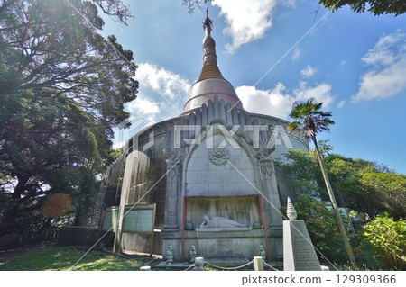 Kanmon Straits Mekari Park Nirvana statue behind the World Peace Pagoda Kanmon Straits Mekari Park Nirvana statue behind the World Peace Pagoda 129309366