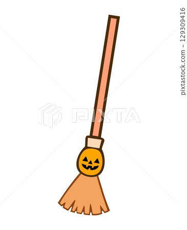 明亮的橙色南瓜燈掃帚圖示 - 可愛又受歡迎的萬聖節設計 明亮的橙色南瓜燈掃帚圖示 - 可愛又受歡迎的萬聖節設計 129309416