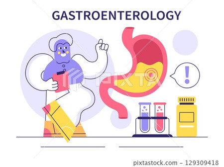 Stomach Health Gastroenterology Vector Illustration Featuring Abdominal Pain and Medical Research for Healthcare in a Flat Style Cartoon Background Stomach Health Gastroenterology Vector Illustration Featuring Abdominal Pain and Medical Research for Healthcare in a Flat Style Cartoon Background 129309418