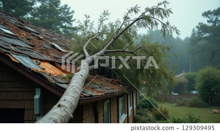 Fallen tree on a damaged house roof after a...-插圖素材 [129309495] - PIXTA圖庫