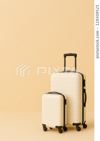 Travel luggage set with two suitcases and bag on beige background Travel luggage set with two suitcases and bag on beige background 129309525