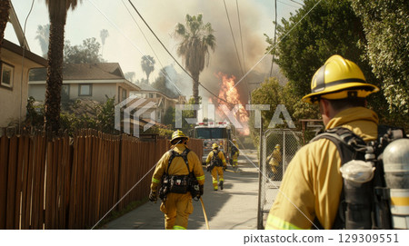 Firefighters responding to wildfire near residential area, wearing protective gear 129309551