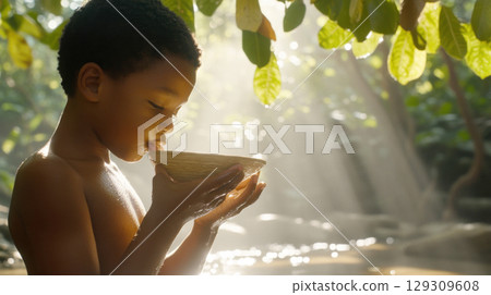 African child drinking water amid rays of sunlight, scene conveys purity 129309608