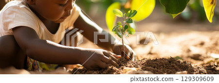 African child planting seedling in sunlight, concept of growth and environment, Earth Day 129309609