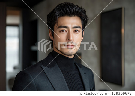 Mature confident business man of Asian appearance in classic formal black suit looking at camera on blurred background. 129309672
