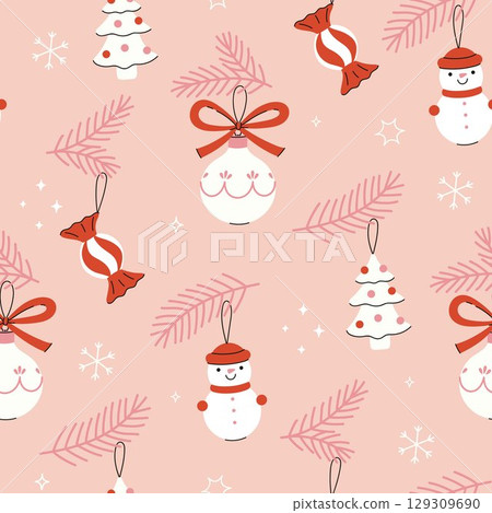 Seamless pattern with white Christmas tree toys. Vector graphics. Seamless pattern with white Christmas tree toys. Vector graphics. 129309690