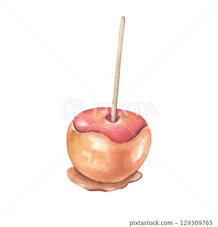 Caramel apple on a stick. Hand-painted watercolor illustration of dessert isolated on white background for winter fairs, holiday treats, festive menus, Christmas markets, cozy food-themed designs Caramel apple on a stick. Hand-painted watercolor illustration of dessert isolated on white background for winter fairs, holiday treats, festive menus, Christmas markets, cozy food-themed designs 129309765