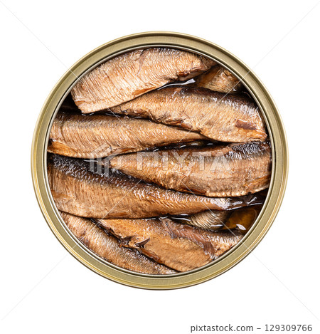 Smoked sprats in vegetable oil in an open tin can. Canned smoked European sprats in oil. Sprattus sprattus, a small marine fish, also known as Baltic hering, brisling sardine, skipper, or whitebait. Smoked sprats in vegetable oil in an open tin can. Canned smoked European sprats in oil. Sprattus sprattus, a small marine fish, also known as Baltic hering, brisling sardine, skipper, or whitebait. 129309766