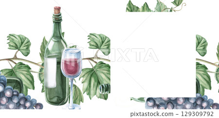 Rectangular frame with wine glass, bottles and curved grapevine. Isolated watercolor illustration for packaging design, restaurant menu, culinary blogs and magazines. 129309792