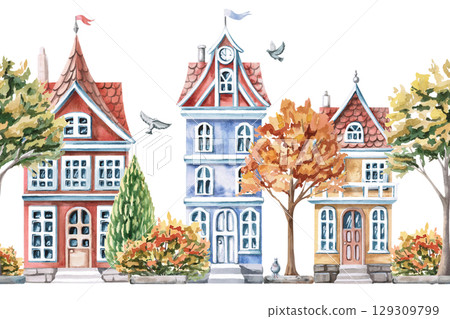 Seamless border with colorful city houses and autumn trees. Isolated watercolor illustration for interior design of children's room, excursion bureaus, seasonal menu in restaurants. 129309799