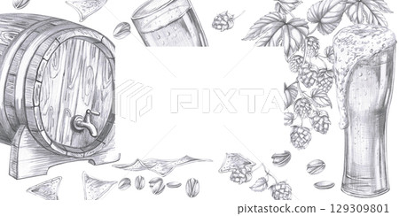 Rectangular frame with a barrel of beer and various snacks. Isolated pencil illustration in a realistic style for the design of fairs, beer festivals, bars, interiors, menus. 129309801