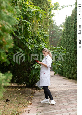 Healthcare professional in a lab coat uses her mobile device on a brick pathway surrounded by vibrant greenery and tall trees. Healthcare professional in a lab coat uses her mobile device on a brick pathway surrounded by vibrant greenery and tall trees. 129309811