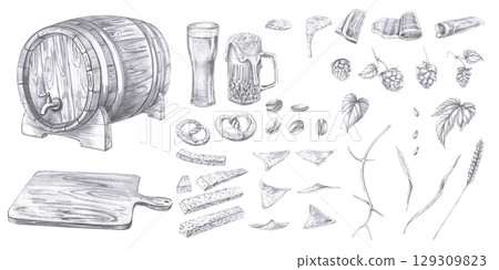 Set of all elements of beer collection. Isolated pencil illustration in realistic style for fairs, beer festivals, bars, interiors, menus. Set of all elements of beer collection. Isolated pencil illustration in realistic style for fairs, beer festivals, bars, interiors, menus. 129309823