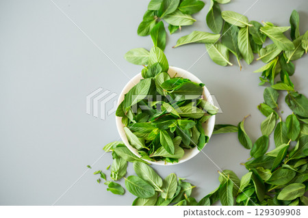 Fresh aromatic mint on minimalistic background from above Fresh aromatic mint on minimalistic background from above 129309908